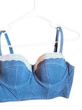 Colsie Blue Denim-Style Longline Bra with White Lace Trim